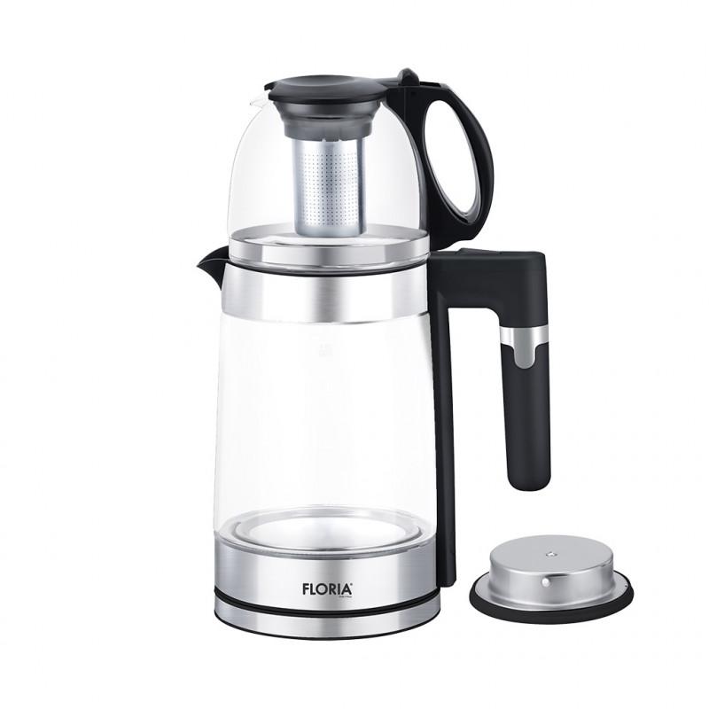 Електрическа кана за турски чай Floria ZLN1757, 1500W, 1.8+1.2 л, Инфузер, Боросиликатно стъкло, Черен
