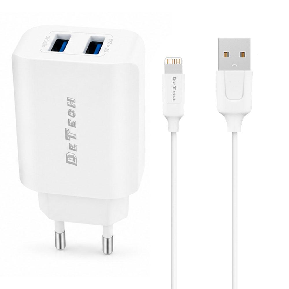 Мрежово зарядно устройство DeTech DE-58i, 5V/2.4A, 220V, 2 x USB, С кабел Lightning, 1.0m, Бял - 40540 | JAR Computers Мрежово зарядно устройство DeTech DE-58i, 5V/2.4A, 220V, 2 x USB, С кабел Lightning, 1.0m, Бял - 40540
