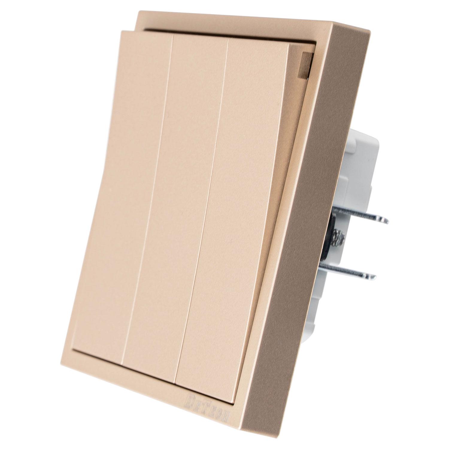 Троен електрически ключ DeTech DE-9227-03, С рамка, Мат, Схема 1, 10А, 250V, За вграждане, IP20, Златист - 75122 | JAR Computers Троен електрически ключ DeTech DE-9227-03, С рамка, Мат, Схема 1, 10А, 250V, За вграждане, IP20, Златист - 75122