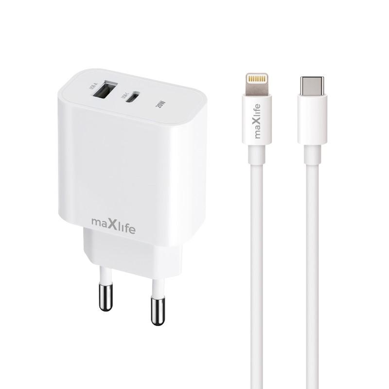 Зарядно PD QC220V 1xUSB-C+1xUSB,20Wбяло+кабел USB-C–Lightning Maxlife | JAR Computers Зарядно PD QC220V 1xUSB-C+1xUSB,20Wбяло+кабел USB-C–Lightning Maxlife