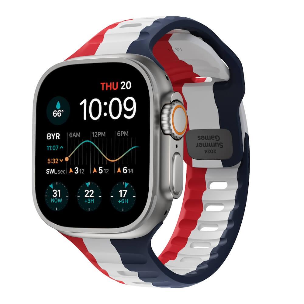 Силиконова каишка за Apple Watch 42мм, 44мм, 45мм, 46мм, Ultra, Ultra 2 49мм - Nomad Sport Band Summer Games 2024 (червен-син) | JAR Computers Силиконова каишка за Apple Watch 42мм, 44мм, 45мм, 46мм, Ultra, Ultra 2 49мм - Nomad Sport Band Summer Games 2024 (червен-син)